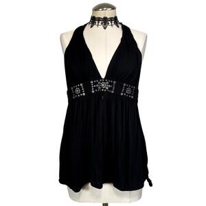 BCBG Halter Tie Embellished Gothic Rocker Grunge Dark Fairy Y2K Top
